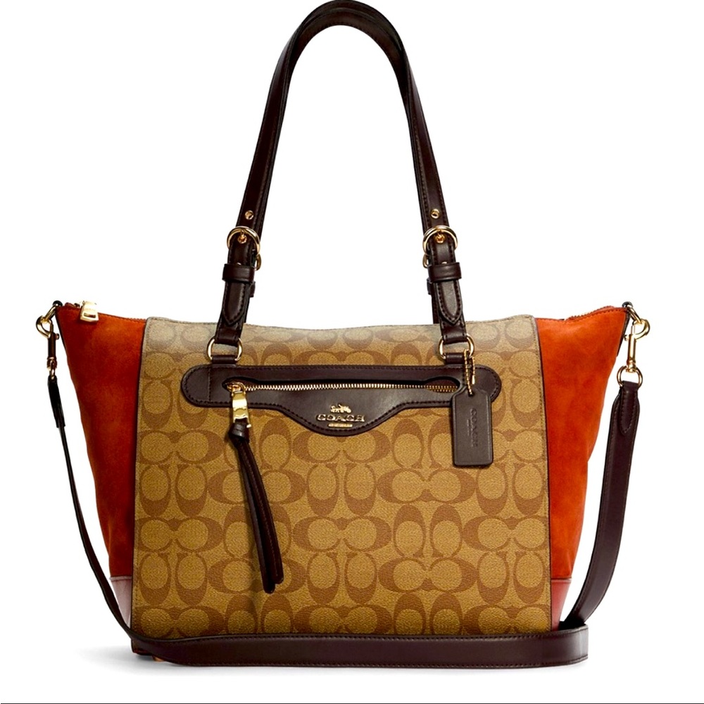 Coach Kleo Carryall Khaki Signature Canvas Brown Rust Multi Excellent Condition.